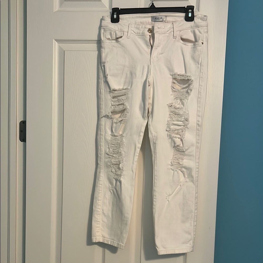 Guess White Ankle Cropped Distressed Jeans
